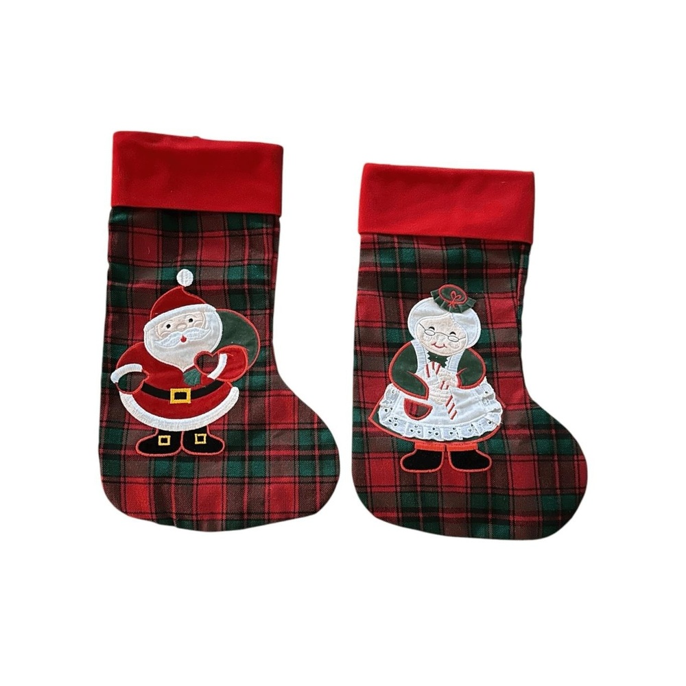 Mr And Mrs Claus Vintage Applique Christmas Red Green Plaid Stockings Set Of Two